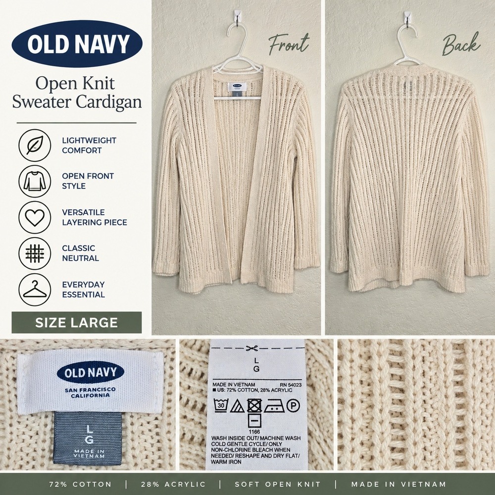 Old Navy Large Open Knit Sweater Cardigan Cream Ribbed Cotton Blend Boho Neutral